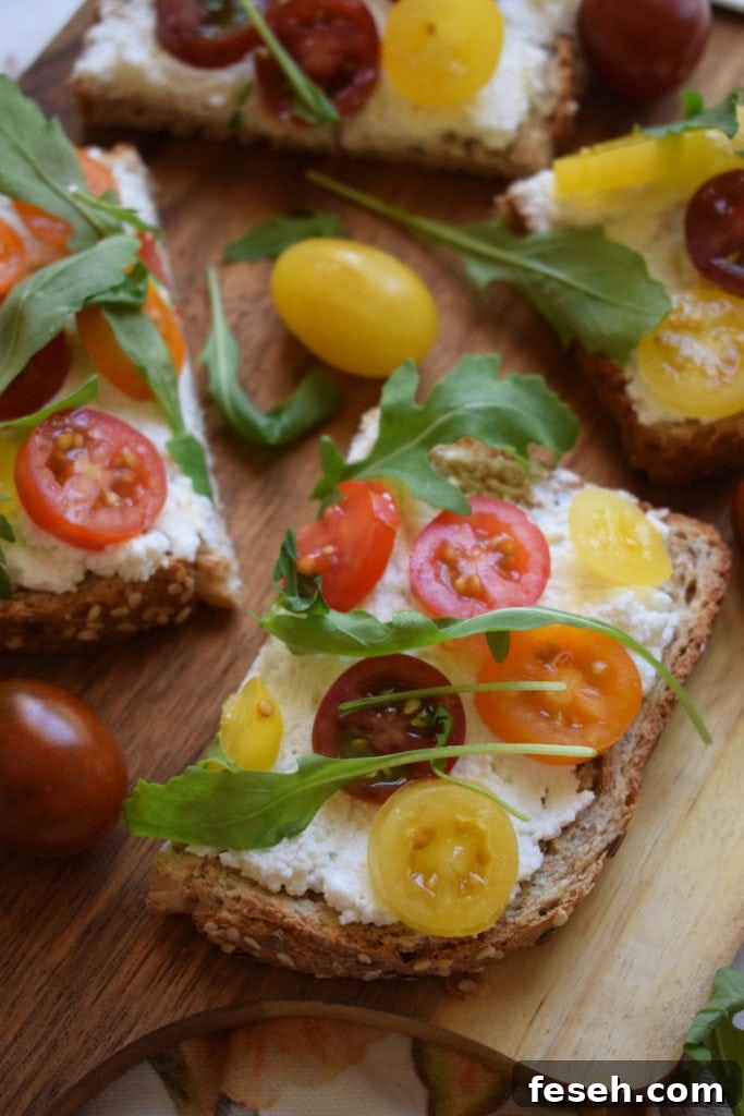 close up of the ricotta and tomato toast recipe