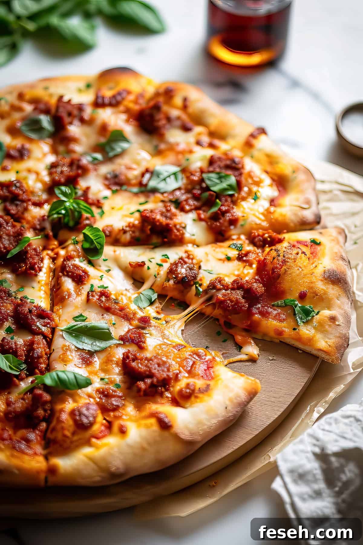 Chorizo pizza with cheese and basil.