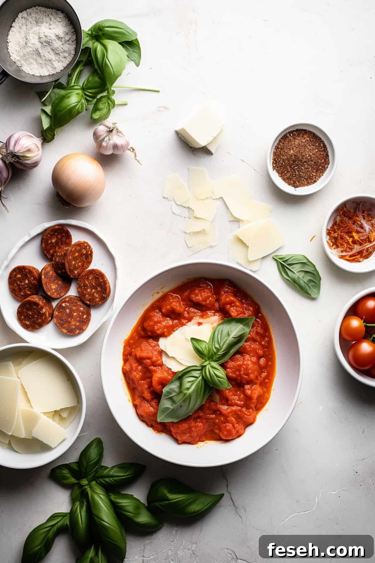 Ingredients for chorizo pizza on a white table.