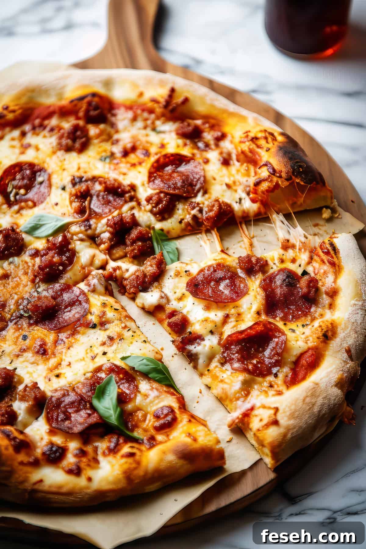 Chorizo pizza with cheese and basil.