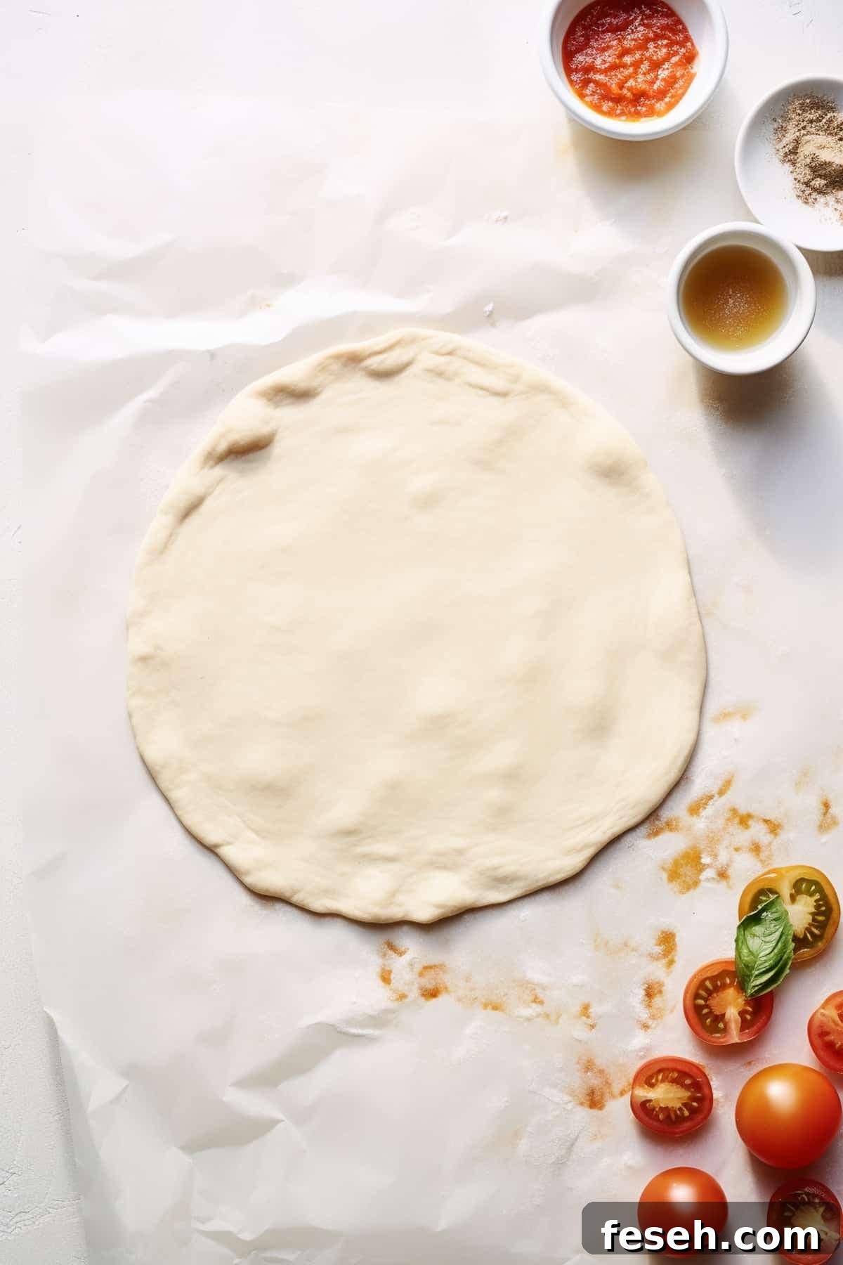 Pizza dough rolled out on a white table.