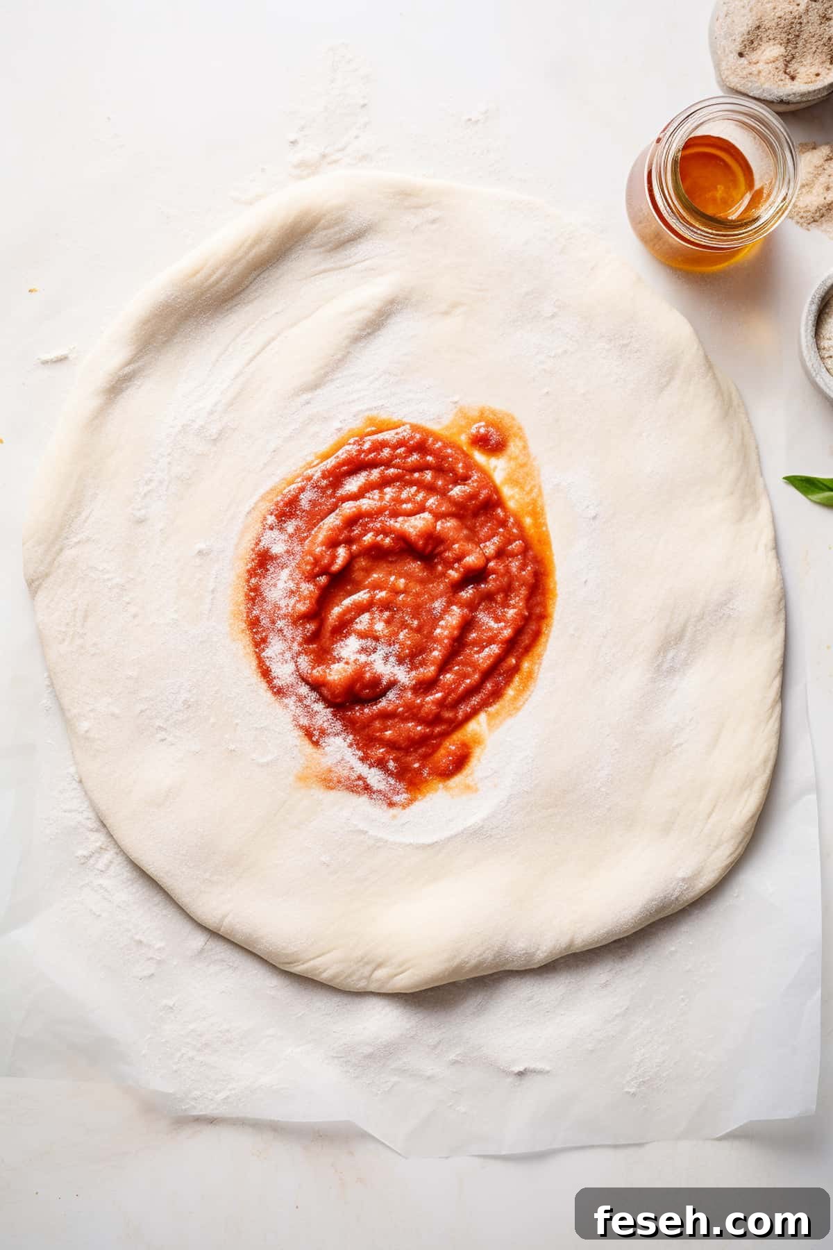 Pizza dough with sauce spread on it.