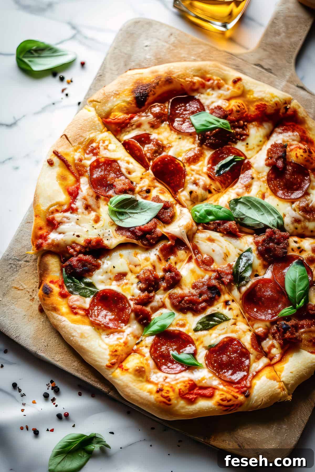 Chorizo pizza with cheese and basil.