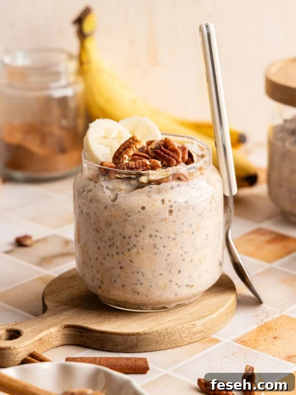 Banana bread overnight oats in a jar with a spoon.