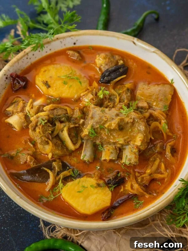 A bowl of Railway Mutton Curry with tender meat, potatoes, and herbs in a rich, red gravy.