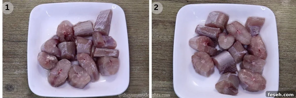 collage image of 2 steps showing marinating the fish pieces with salt to make goan ambotik recipe.