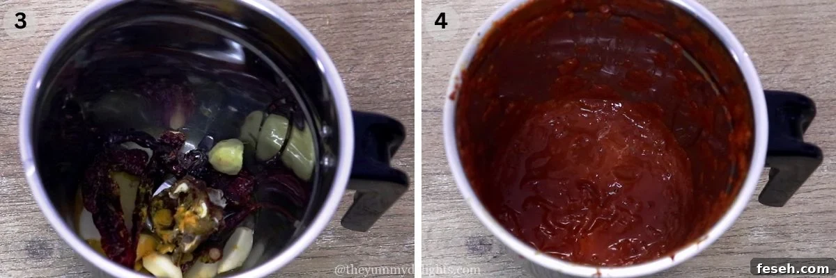 collage image of 2 steps showing addition of ambotik masala ingredients to the mixer jar and grinding it.