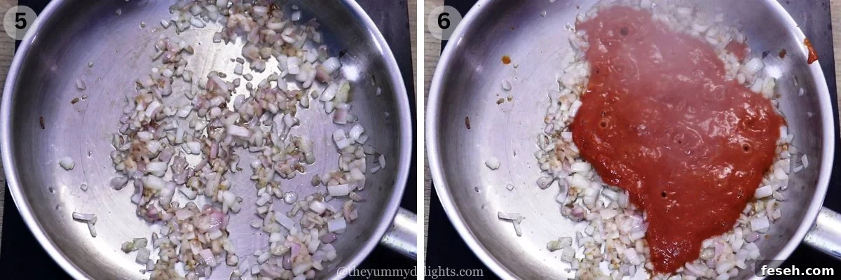 collage image of 2 steps showing sauteing onions and addition of ambotik masala to make goan ambotik recipe.