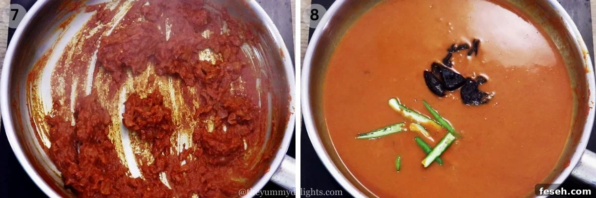 collage image of 2 steps showing cooking ambotik masala paste and addition of water, kokum and green chilies to ambotik curry.