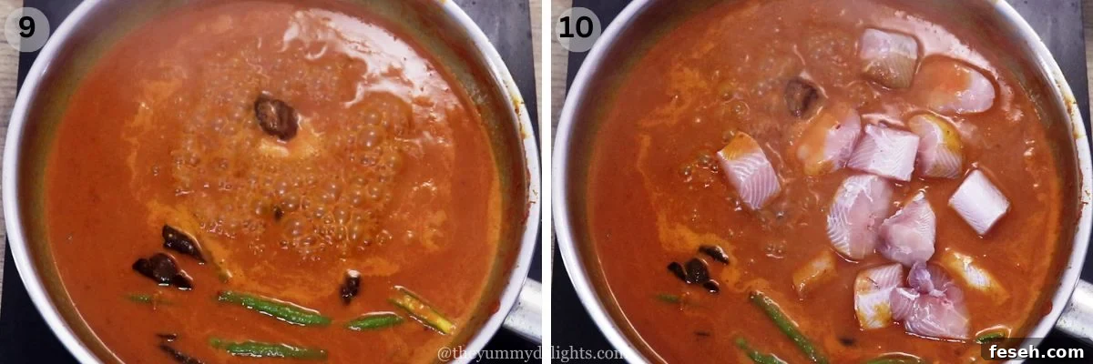collage image of 2 steps showing addition of fish to the ambotik curry.