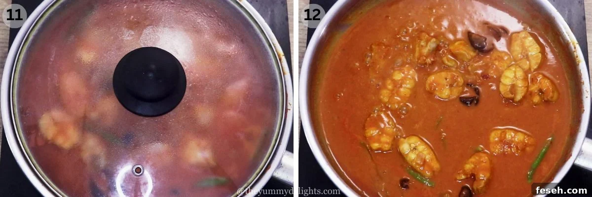 collage image of 2 steps showing cooking fish in ambotik curry.