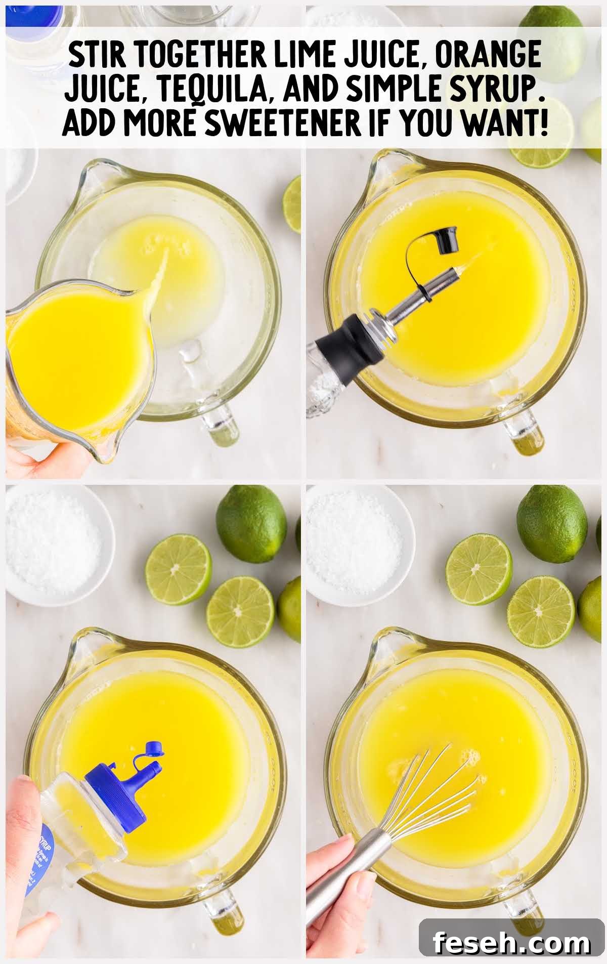 lime juice, orange juice, tequila, and simple syrup stirred together in a measuring cup