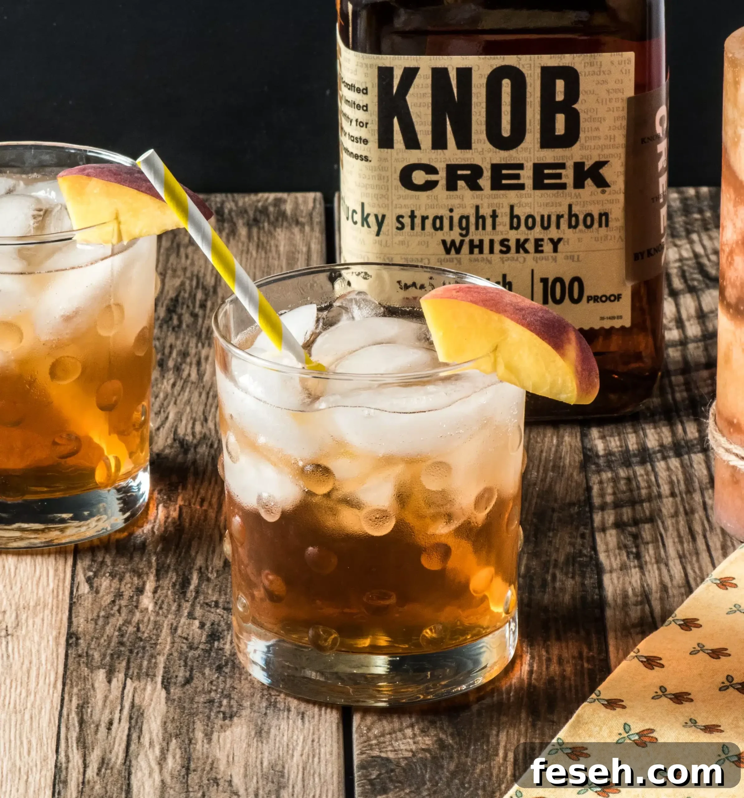 Keto Bourbon Peach Cocktail with peach garnish
