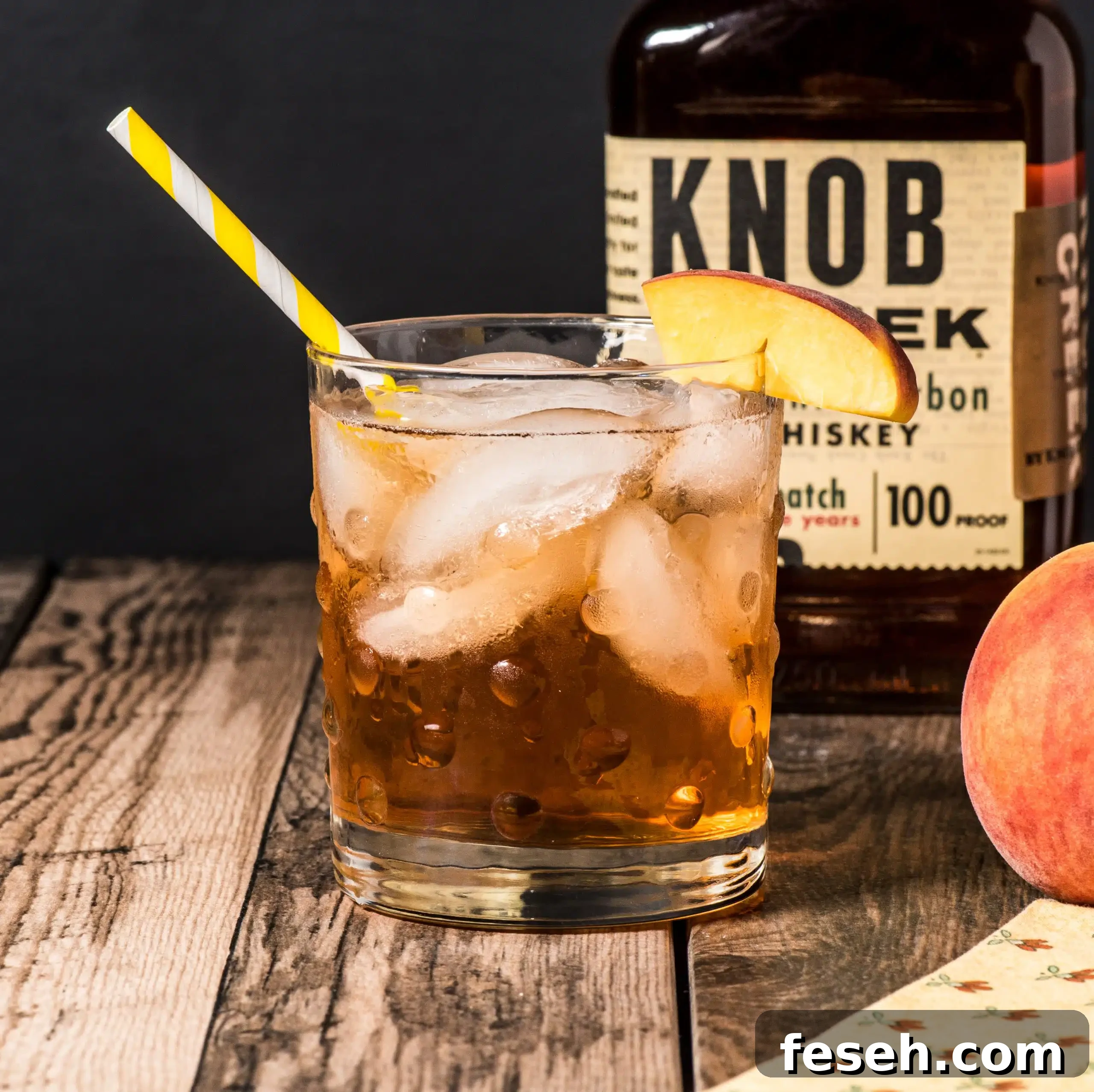 Closeup low angle  of Keto Bourbon Peach Cocktail 