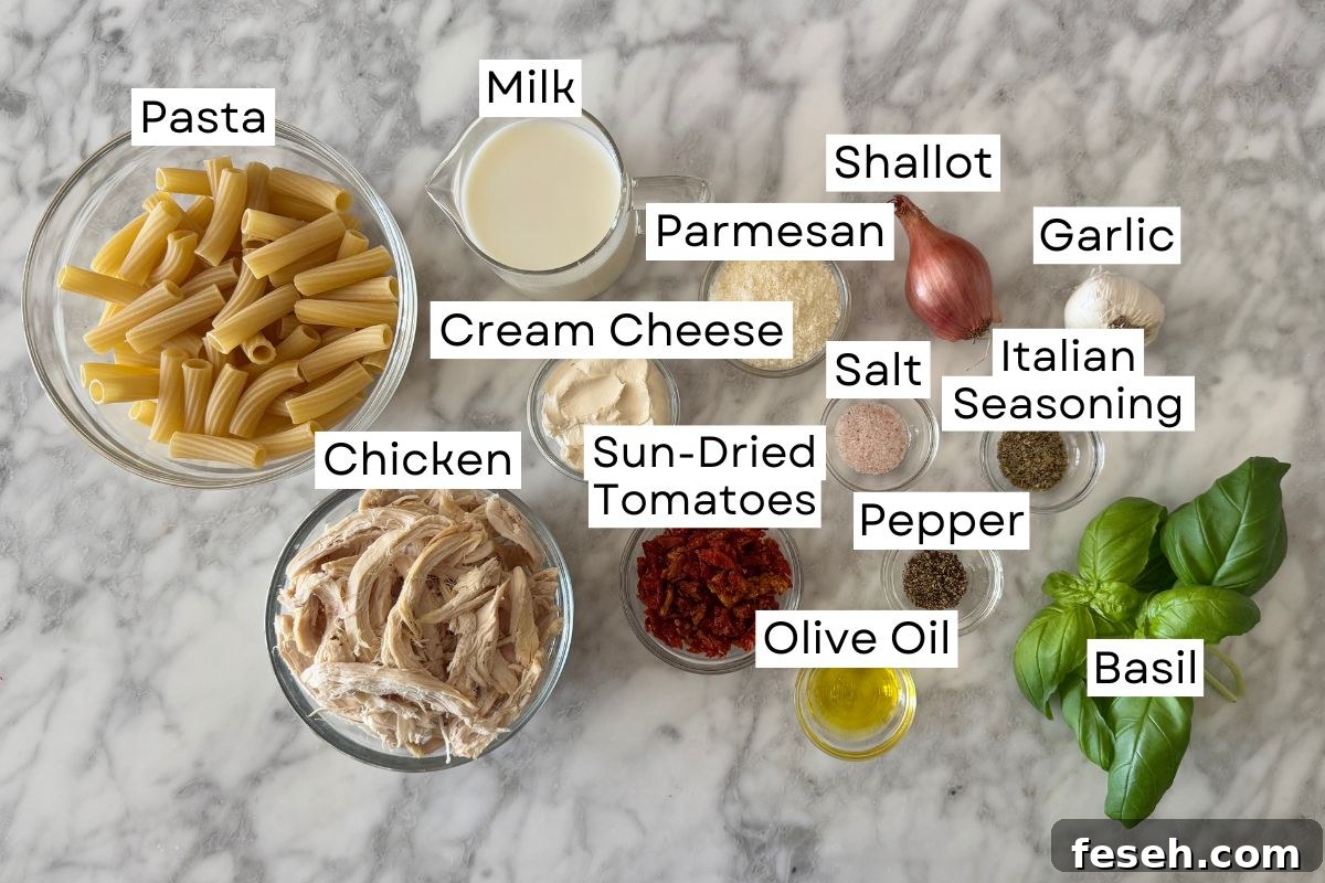 Ingredients needed for Marry Me Chicken Pasta in bowls.