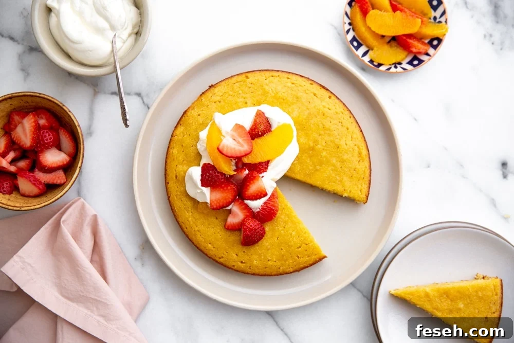 Overhead shot of the almond coconut cake topped with whipped cream and fruit.