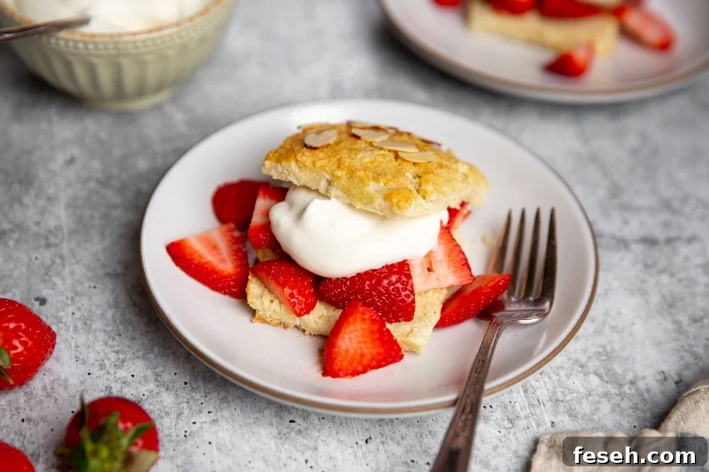 Gluten free strawberry shortcake on a plate with a fork.