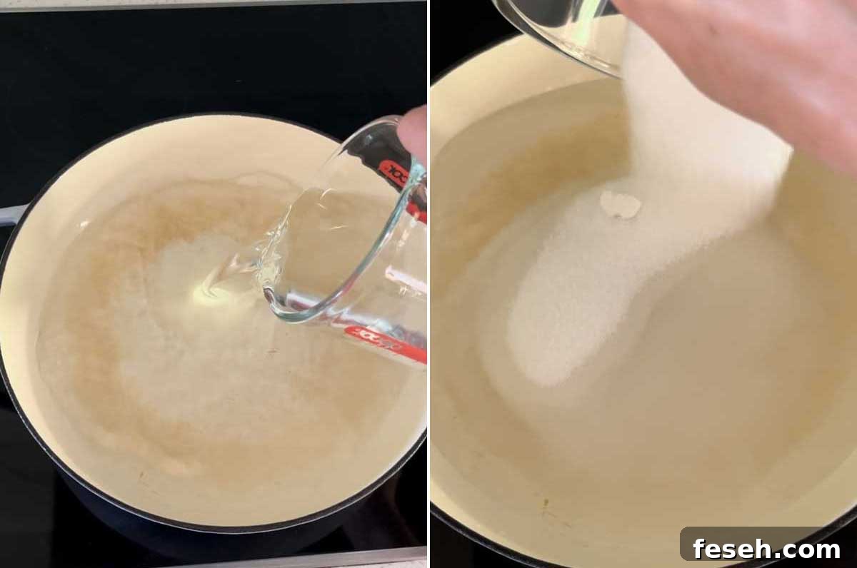 Collage of 2 images showing someone pouring water then sugar into a large pan.