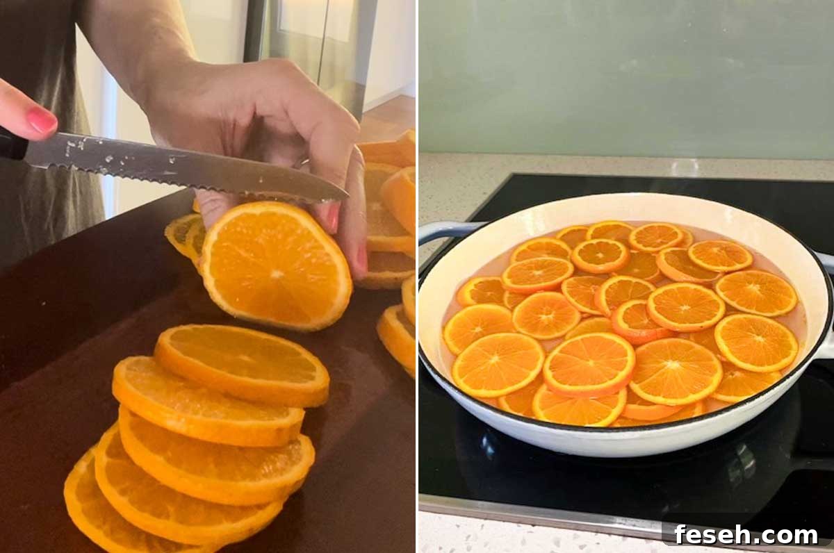 Collage of 2 images showing someone slicing oranges thinly and then the slices in a large pan with water and sugar mixture.