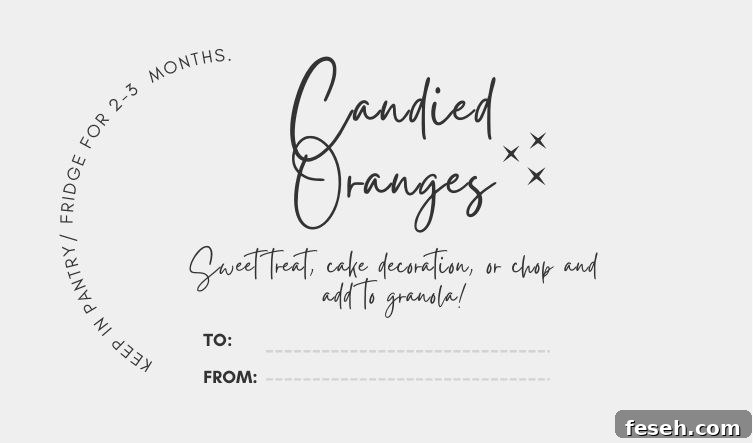 A gift tag for a food gift of candied oranges dipped in chocolate.