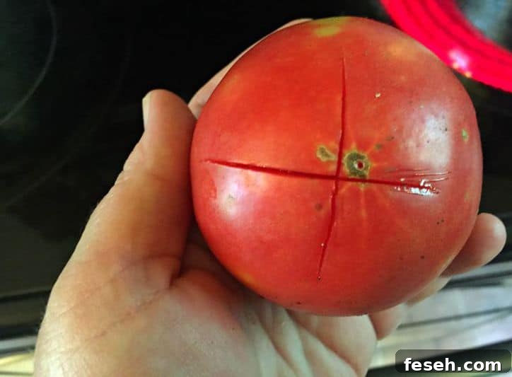 Round red tomato with a large X cut on the bottom