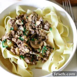 pasta with ground beef stroganoff in a small bowl topped with herbs.