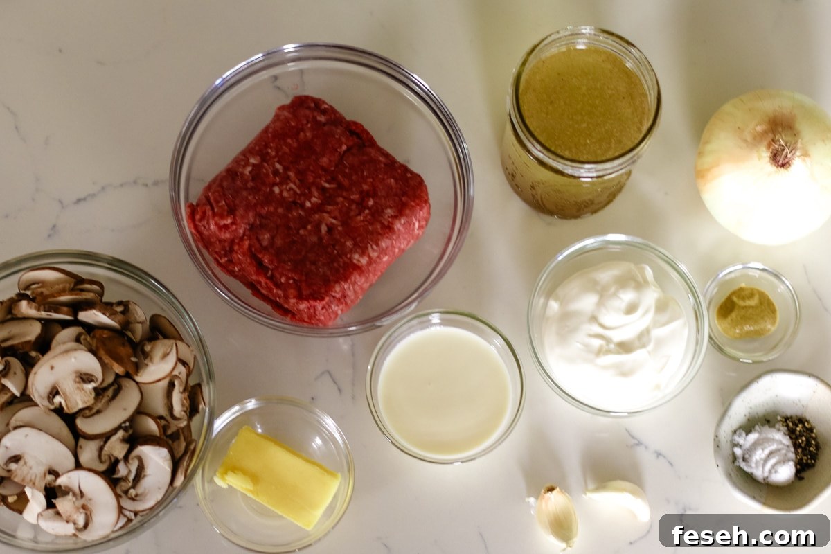 ingredients for making ground beef stroganoff.