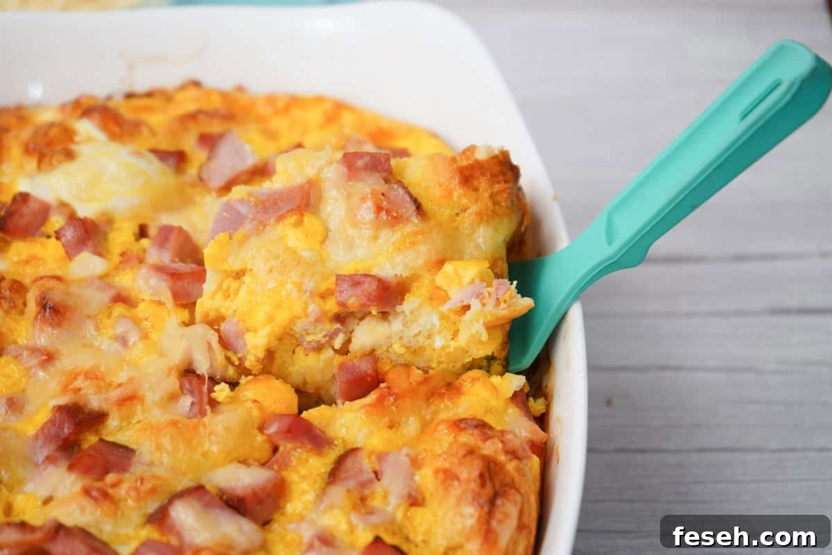 Slice of breakfast bake being served