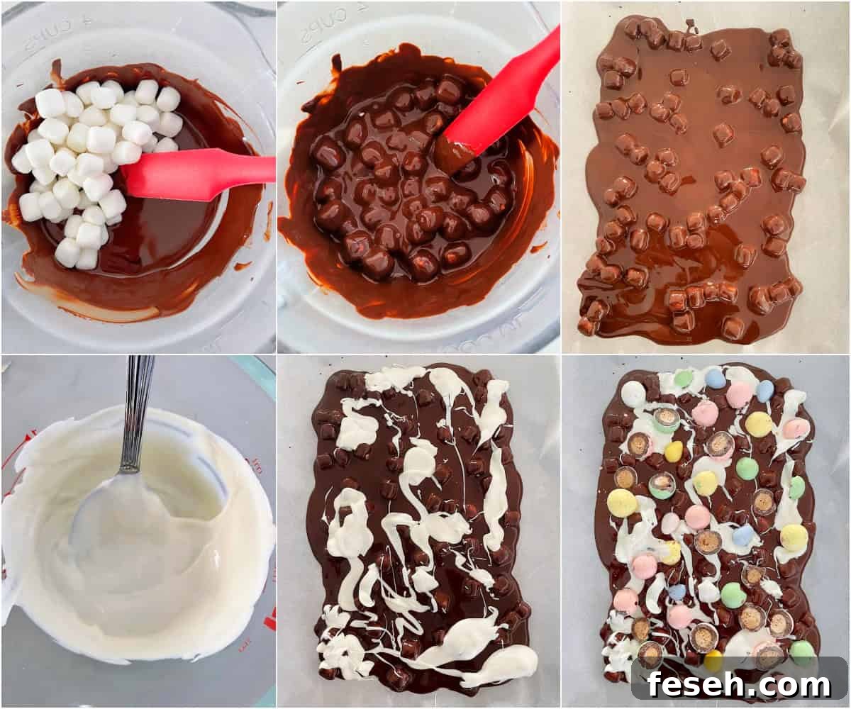 Chocolate‑marshmallow mixture spread onto parchment paper for bark with white chocolate drizzled over dark chocolate marshmallow bark before adding toppings.
