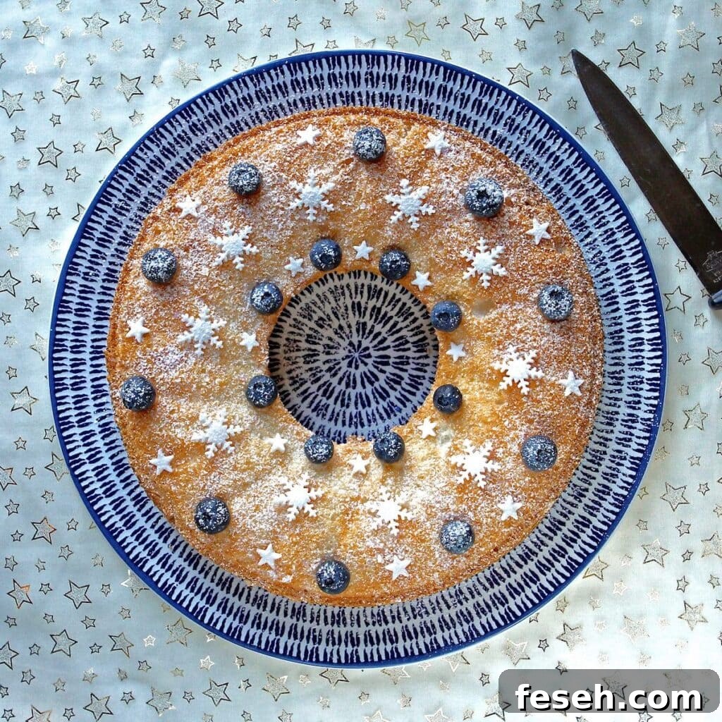 gluten free angel food cake topped with blueberries and sprinkles on a blue plate in the Winter Warming Oven Bakes Cookblogshare