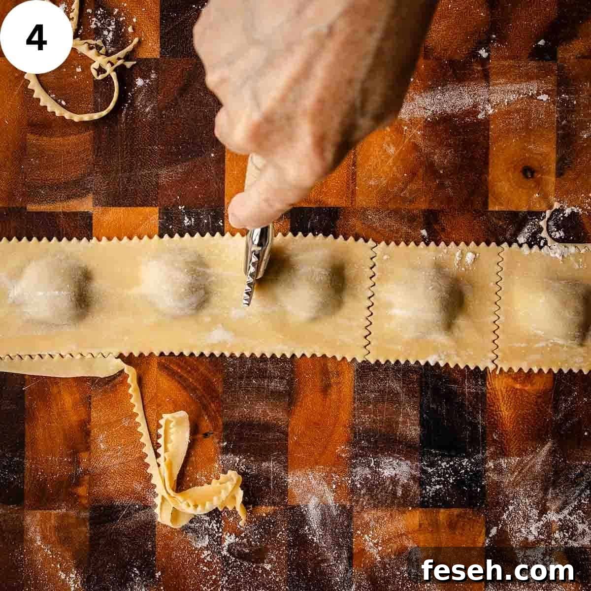 Cutting filled pasta into squares.