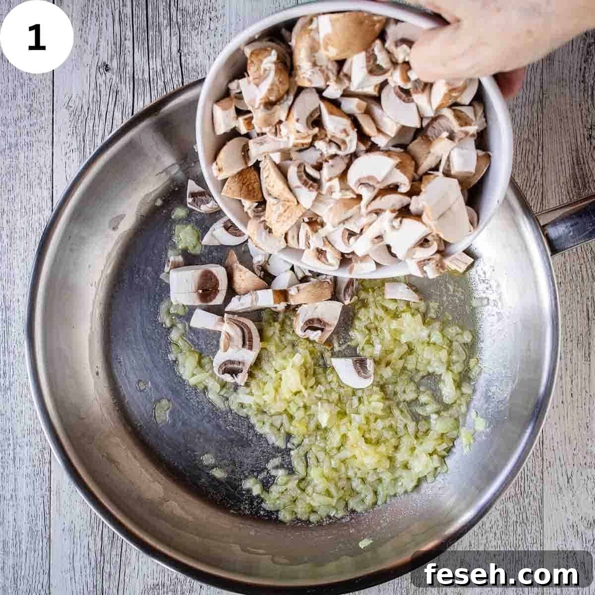 Adding chopped mushrooms to a pan of sauteed onions.