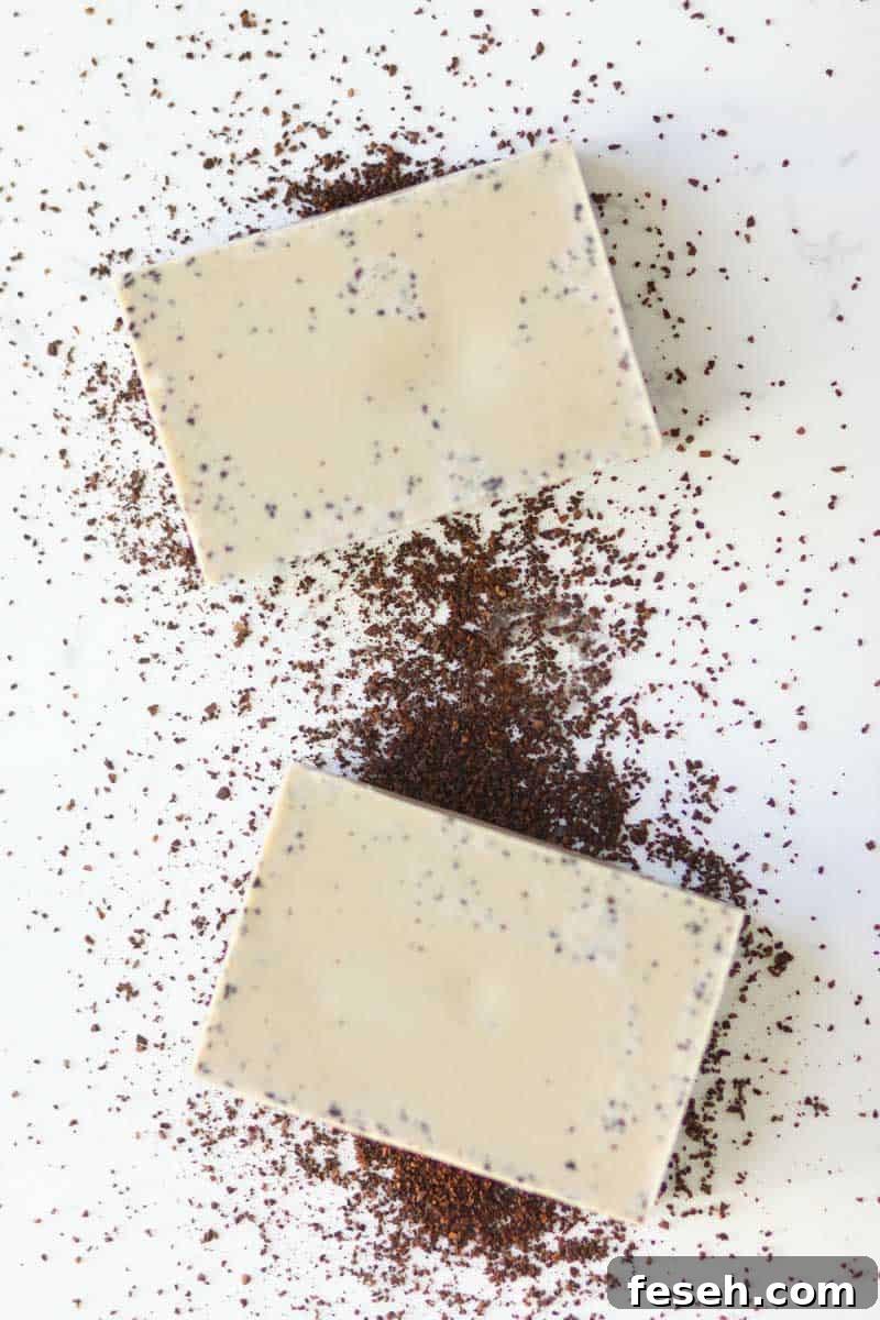 coffee melt and pour soap with ground coffee grounds scattered around