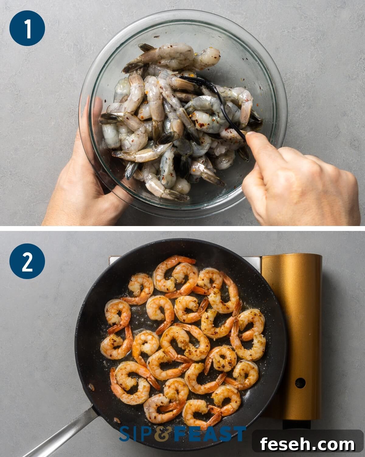 Orzo with shrimp and feta recipe process shot collage group one showing mixing shrimp in bowl and searing shrimp in a pan.