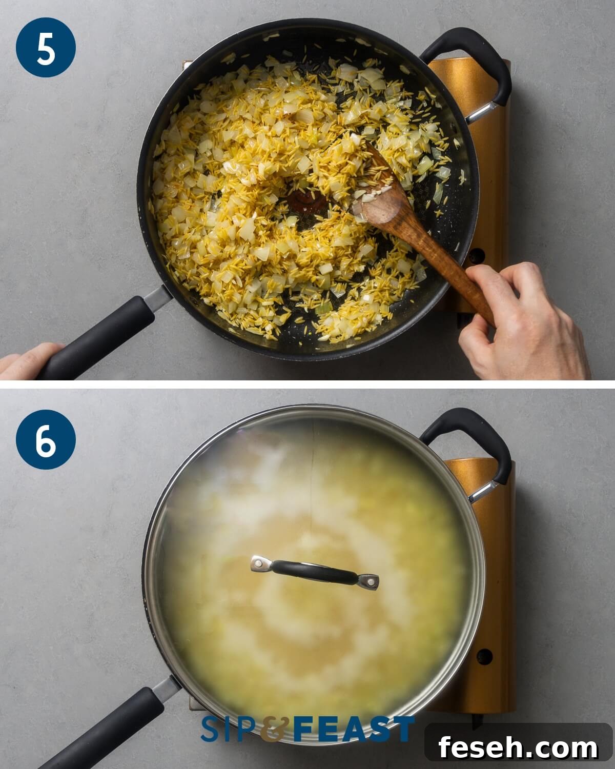Recipe collage three showing sauteing orzo in the pan and covering pan with a lid.