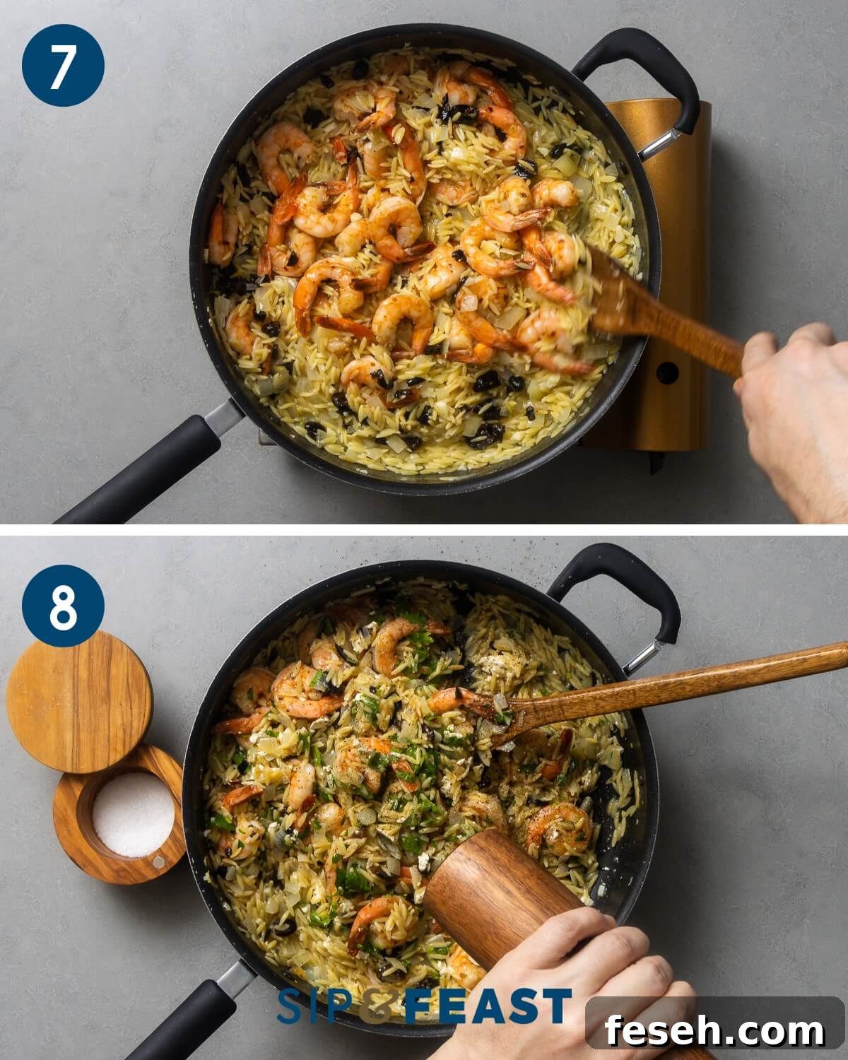 Recipe collage four showing mixing cooked shrimp into orzo and adding feta along with seasoning with salt and pepper.