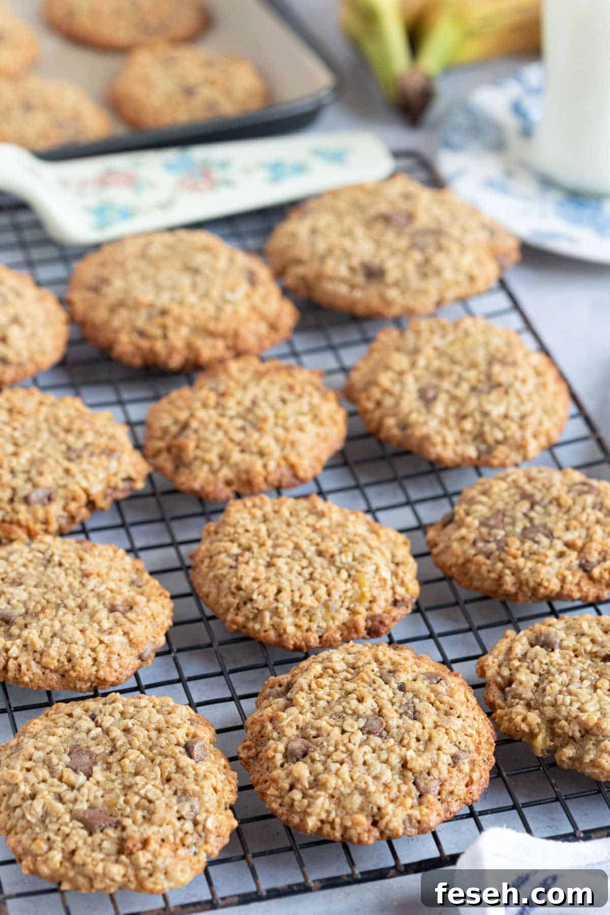Banana oatmeal cookies on a wire rack.