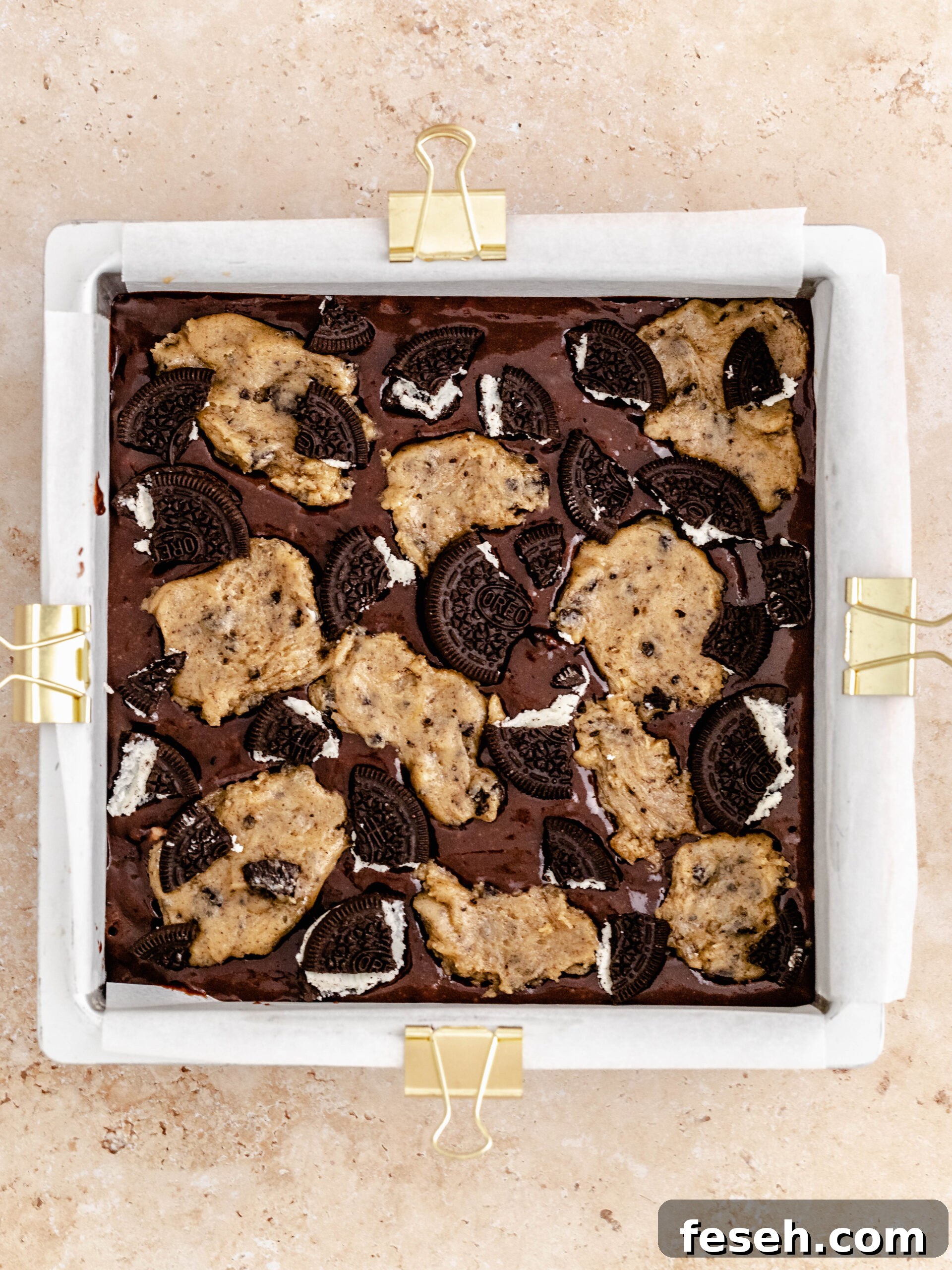 The Oreo brookie assembled in a baking pan.