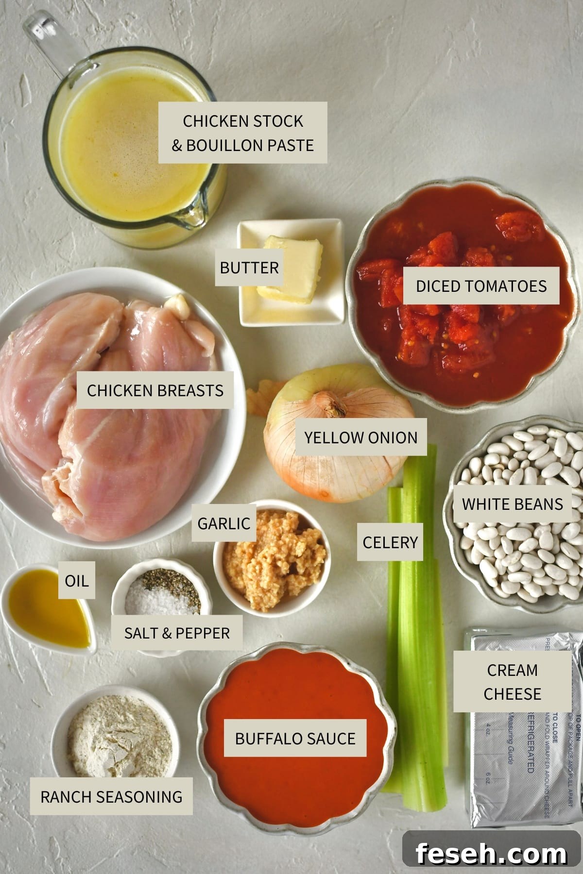 Ingredients needed to make Buffalo Chicken Chili.