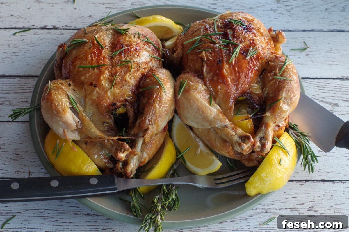 2 air fryer roast chickens on a green plate with lemon wed