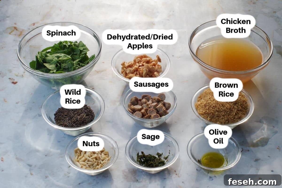 Apple Rice (with Sauage) ingredients in glass bowls, labelled.