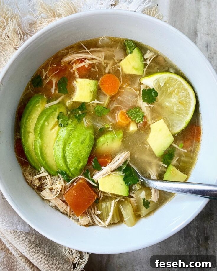 overhead shot of chicken avocado soup in a white bowl with a spoon