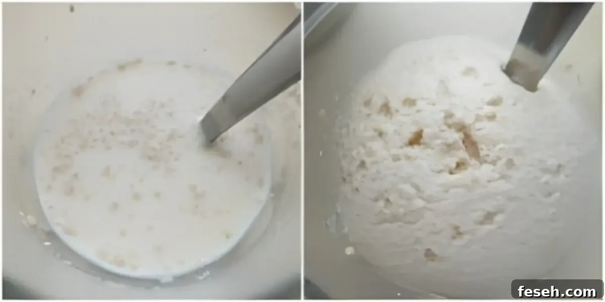 Yeast activating in lukewarm milk before mixing.