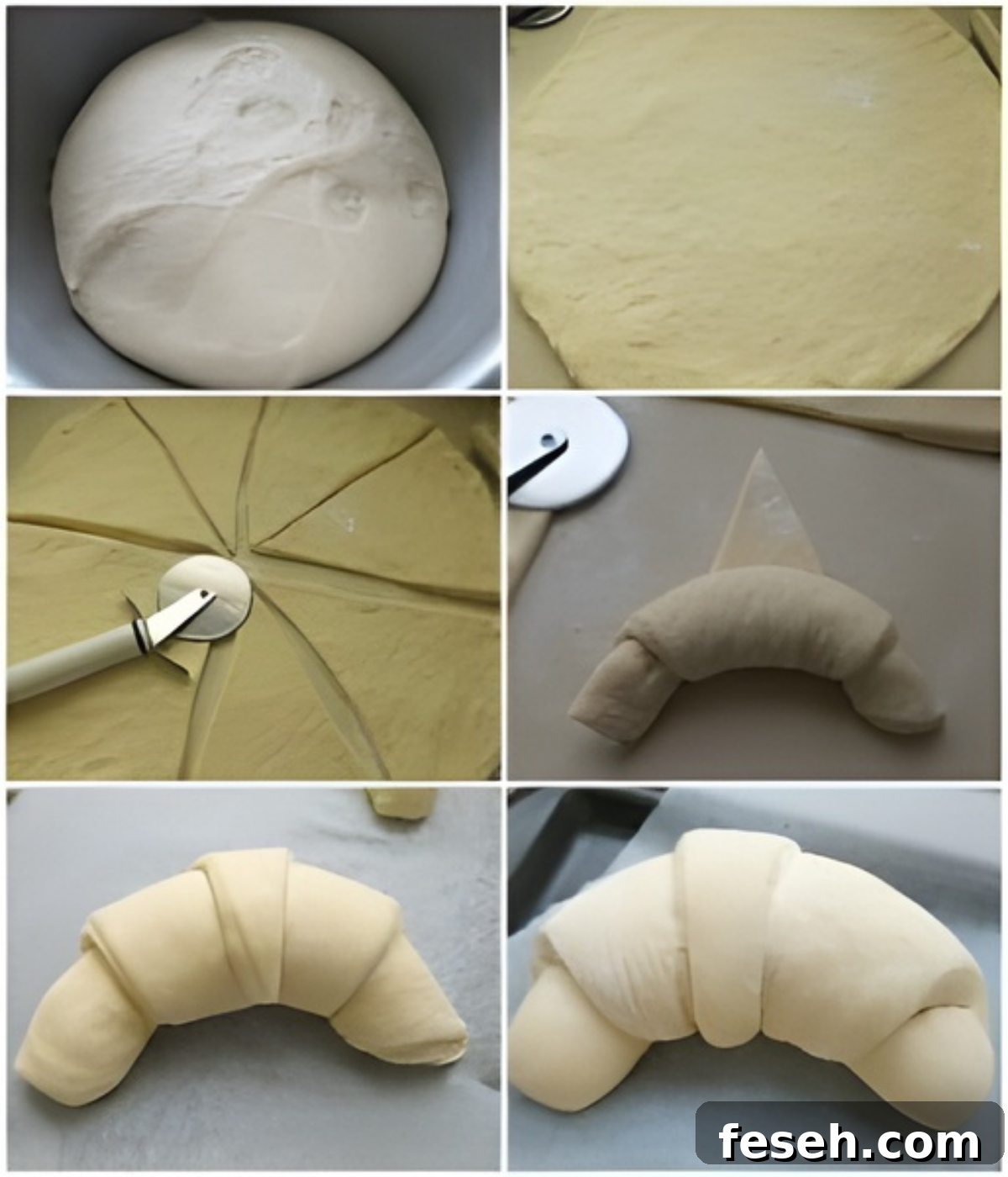 Dough rolled, cut, and shaped into croissants before baking.