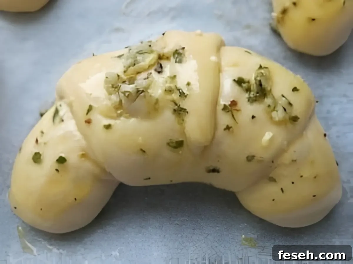 Unbaked croissant brushed with garlic and herb butter.