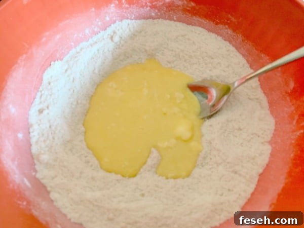A bowl with wet and dry ingredients.