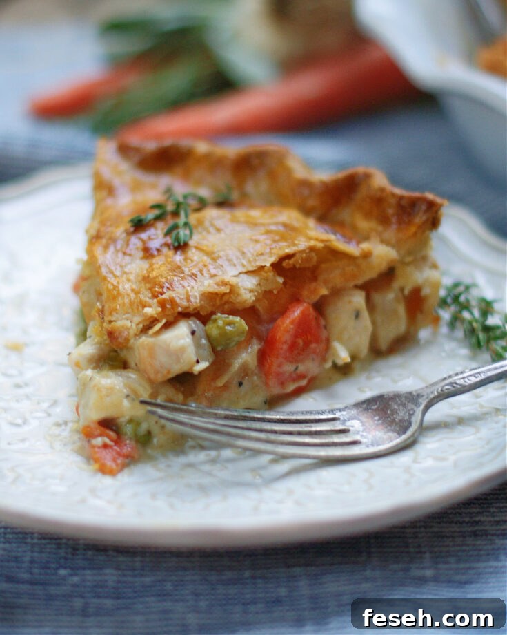 Classic double crust chicken pot pie on a plate