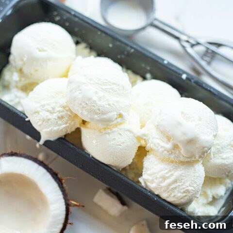 scoops of coconut sorbet in a metal pan