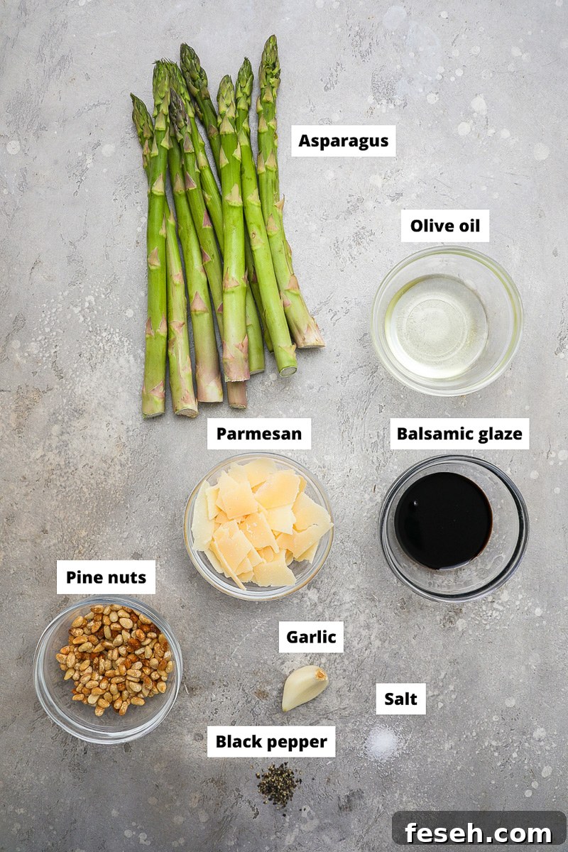 Ingredients used to make roasted asparagus with parmesan and balsamic glaze