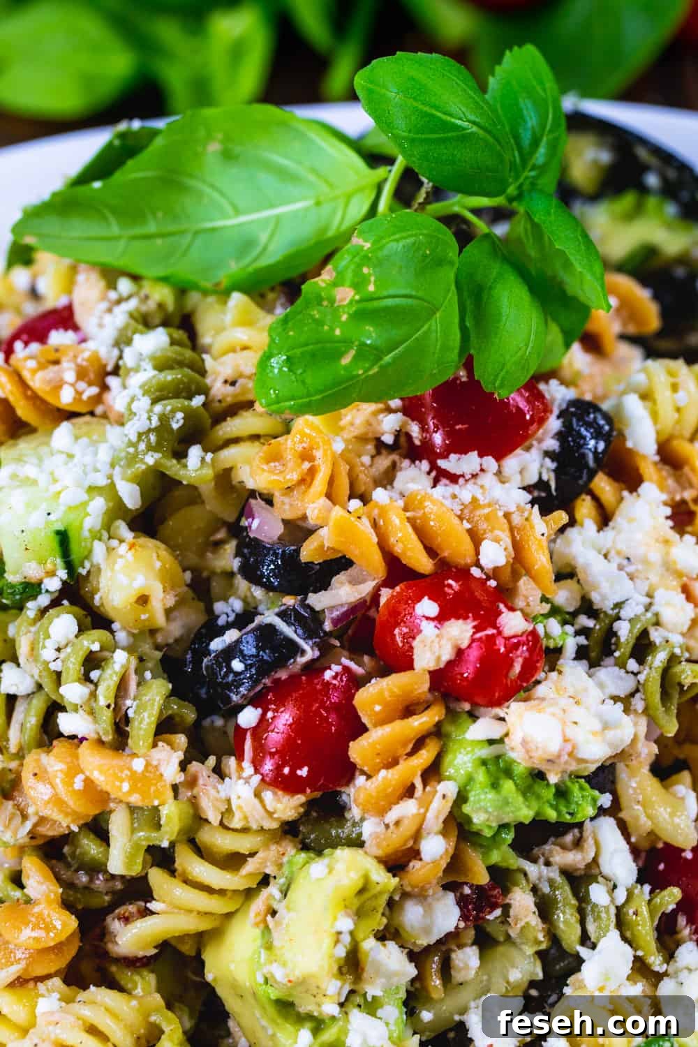 Close-up of pasta salad with tuna.